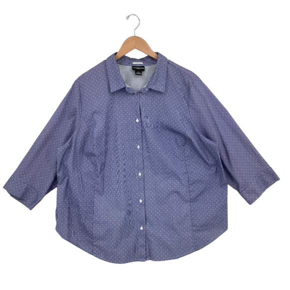 Liz Claiborne Shirt Womens 2X Blue White Polka Dot Stretch Collared Button Down - Picture 1 of 12
